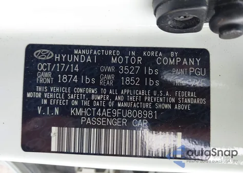 2015 Hyundai Accent Gls from USA, damaged, VIN KMHCT4AE9FU808981